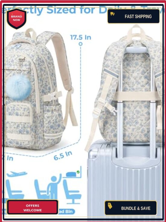 Quilted Cotton Backpack for Teen Girls, Floral School Bookbag, Fits 15.6\
